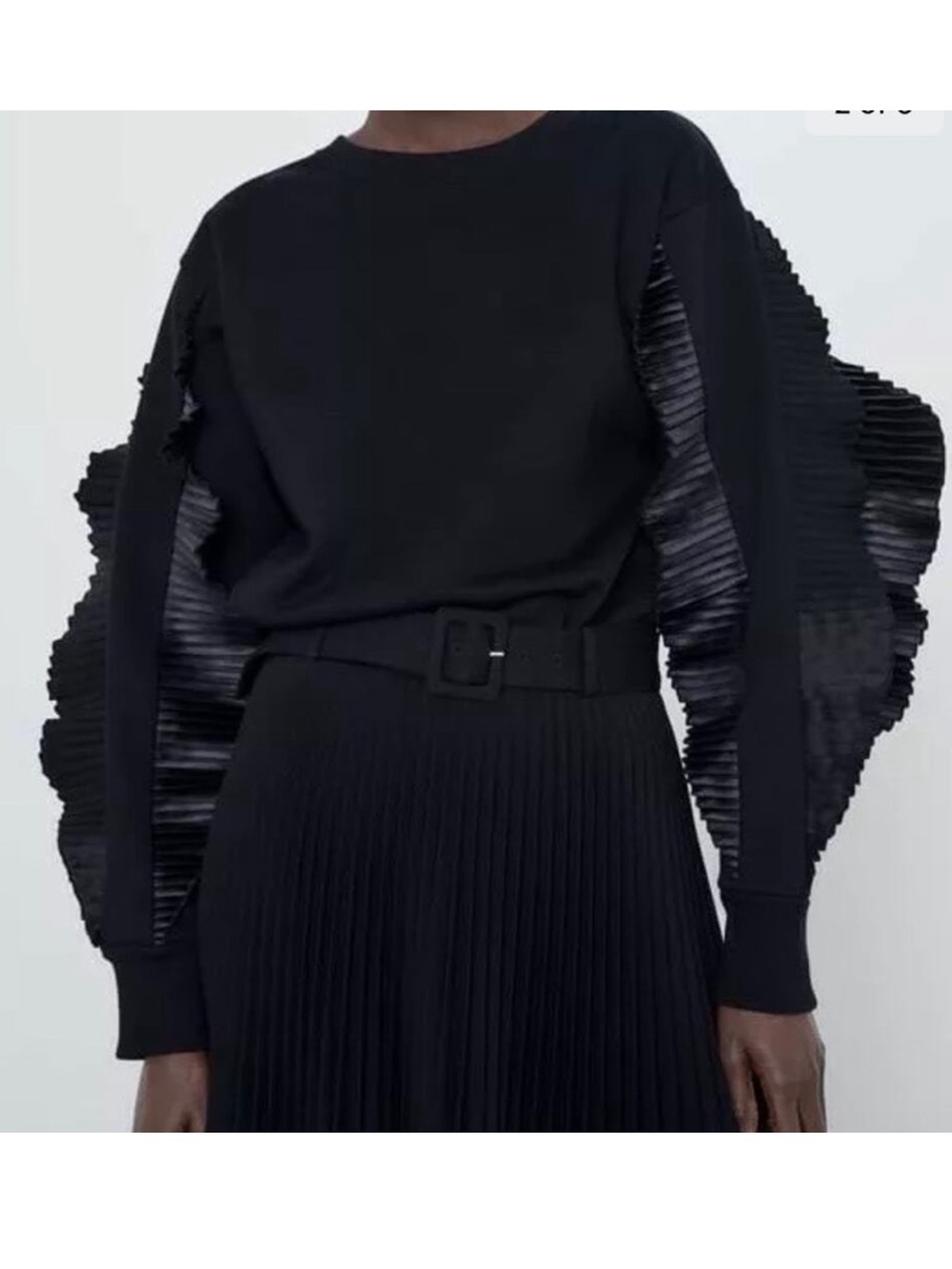 Zara Black Satin Trimmed Pleated Ruffled Sleeve Sweatshirt Size Small